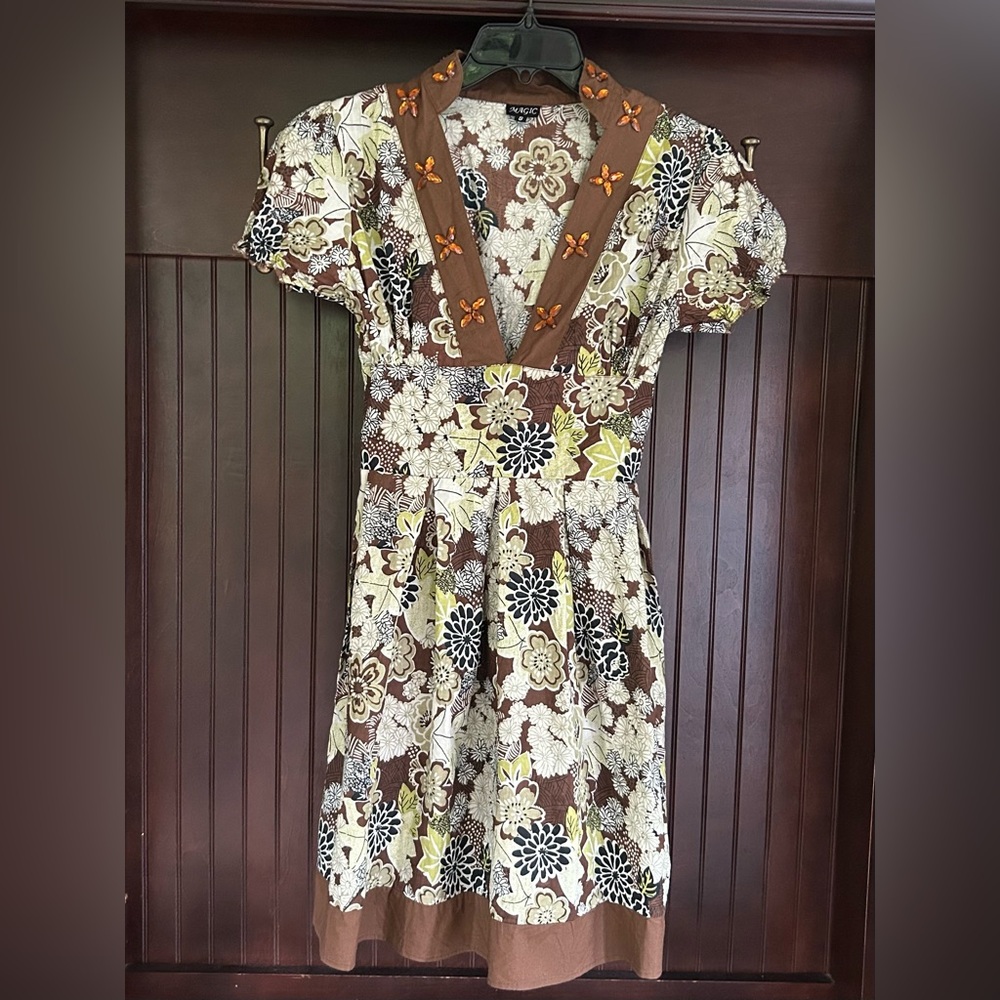 Y2K MAGIC Babydoll Brown Floral Beaded Dress Fairy Grunge Retro Indie Boho Sz S - Picture 3 of 16